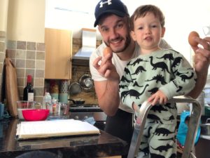 The Neu Dad & Marley in the kitchen